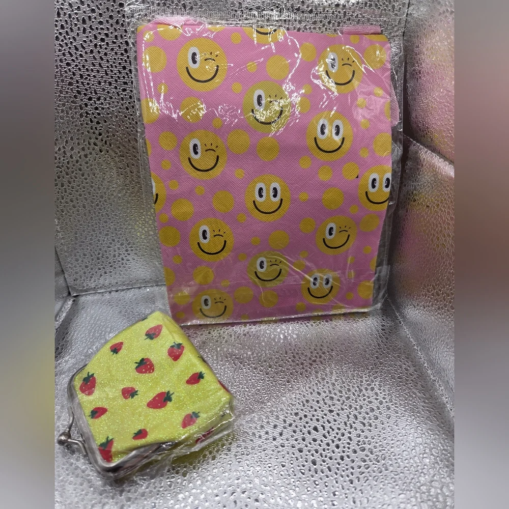 Bags, Smiley Face Pink and Yellow Kids Bag, Yellow W/ Stawberrys Coin Purse NWOT
